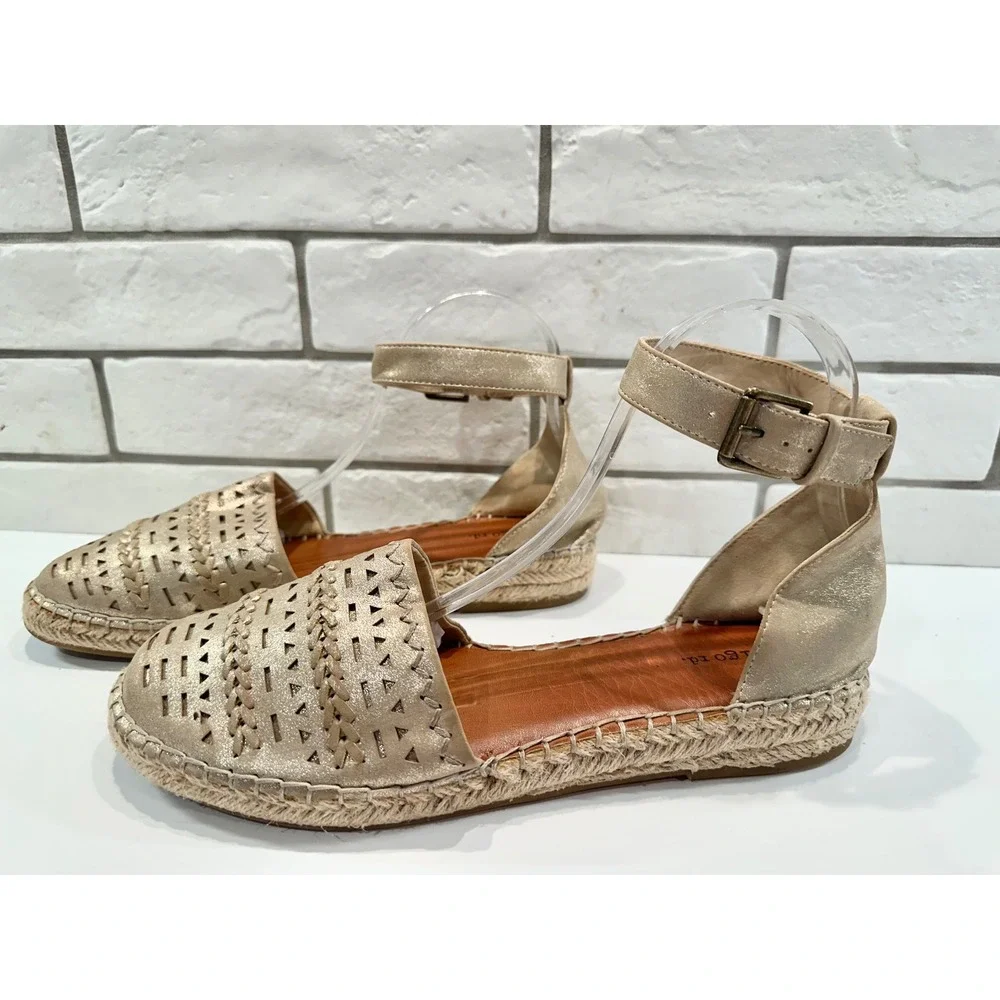Indigo Rd Gold Laser Cut Ankle Strap Espadrille Flats Women's Size‎ 10M